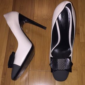 White grey and black heels with bow